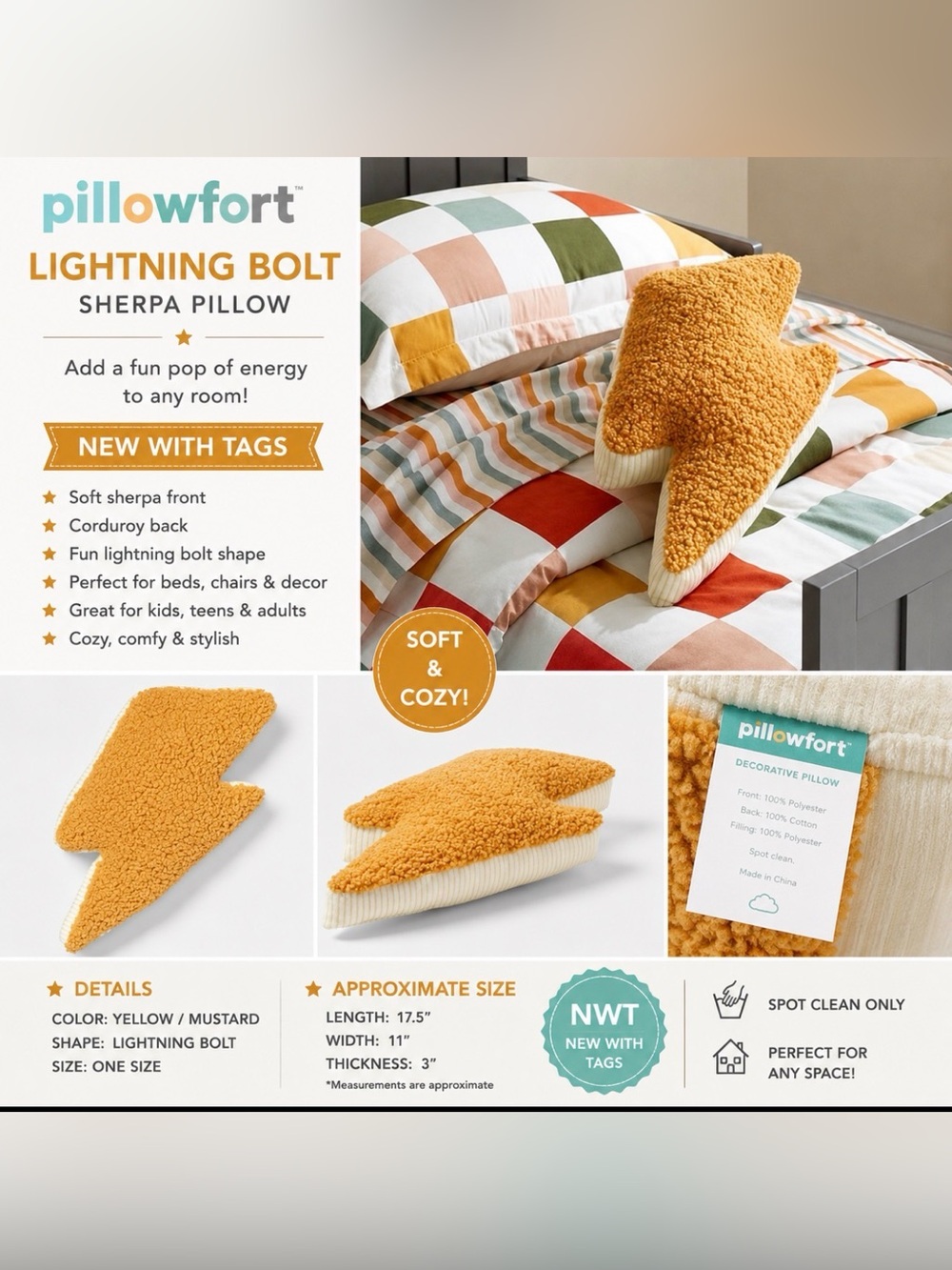 Pillowfort Lightning Bolt Sherpa Decorative Pillow – NWT – Mustard Yellow